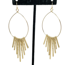 Gold Tone Hoop Pierced Earrings Oval Dangle Shepard&#39;s Hook Statement 3.75&quot; Long - £14.52 GBP