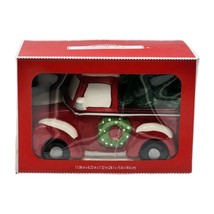 Holiday Time Christmas Tree Red Truck Cookie Jar Green Wreath Hand Painted - $29.99