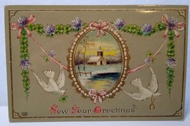 New Years Greetings Postcard EAS Vintage Laminated Flying White Birds Germany - £8.10 GBP
