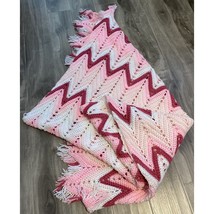 Vintage Crocheted Pinks &amp; WhiteChevron Afghan Zig Zag 72” X 39” W/Fringe - $26.68
