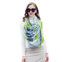 Anyyou 100% Merino Wool Green Blue White  Silk Satin Large Winter Scarf Pashmina - £69.58 GBP