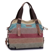 Women Canvas Shoulder Bags Fashion Messenger Bags Casual Beach Bag Striped Shopp - £41.05 GBP