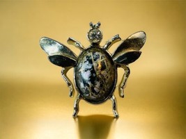 Flying Bee Beetle Insect Silver Metal Rhinestone Black Vintage Brooch Pin - £18.26 GBP