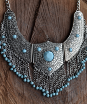 Bib necklace, silver bib necklace, turquoise, tribal necklace, ethnic (642) - £19.97 GBP