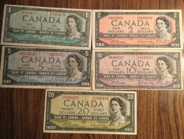 1954 1$ 2$ 5$ 10$ And 20$ Lot Of 5 Bank Of Canada Bank Notes - £54.61 GBP