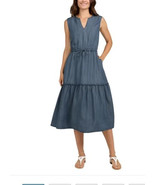 Lands&#39; End Womens Dress Blue Midi Tiered V-Neck Sleeveless Pockets Elast... - $58.99 CAD