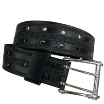 Saddle Leather Womens Belt Black Size 32&quot; Small Cut Out Laser Cut Silver Buckle - £25.27 GBP