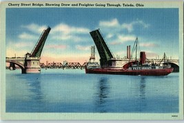 Postcard Cherry Street Bridge w / Draw &amp; Freighter Toledo Ohio - £11.64 GBP