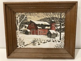 Vintage KAY DEE HandPrints 100% Pure Linen Framed Farm Red Barn Winter 11&quot; X 9&quot; - £22.94 GBP