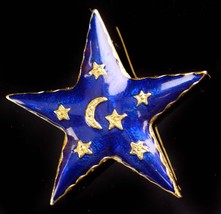 Vintage magical star brooch - Celestial pin - blue and gold enamel - hippie jewe - £58.77 GBP