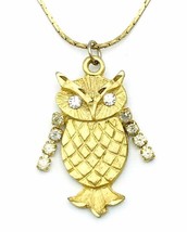 Vintage Gold Tone Owl Rhinestone Pendant Necklace - £15.57 GBP