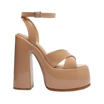 SCHUTZ Pattie Patent Leather Sandal Platform Block Heel Ankle Strap Beig... - $53.20