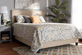 Marana Beige Linen Fabric Upholstered Full Size Panel Bed w/Nailhead Trim - $3,325.39 MXN