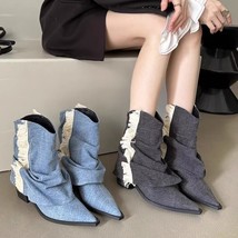 Pleated Denim Cowgirl Boots for Women Autumn Pointed Toe High Heeled Ankle Boots - £39.12 GBP