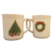 Noel Christmas Tree Coffee Mugs Wreath Salem Porcelle Set of 2 France Made VTG - £7.69 GBP