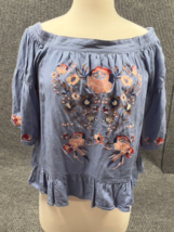 Altar&#39;d State Top Womens Small Blue Off Shoulder Boho Floral Embroidered Blouse - £19.51 GBP