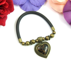 Leopard Print Vintage Bracelet Heart Charm Goldtone Beads Black Rubber Costume - £10.84 GBP