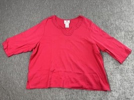 Quacker Factory Shirt Womens 3XL Red Embellished V-Neck 3/4 Sleeve Plus ... - $24.74