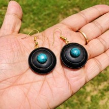 Ebony Wood + Turquoise Circle Round Domed Handmade Earrings 48 mm length, D 5 - £10.74 GBP