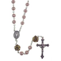 Rose Colored Imitation Pearl Rosary with Gold Tone Rose Petal Our Father Beads - £17.20 GBP