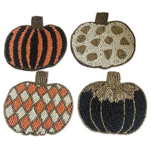 Max Studio Glass Beaded Pumpkin Coasters Set of 4 Satin Backed Black Gold Orange - £27.12 GBP