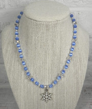 Snowflake Necklace Cat Eye Glass Pearl Crystal Girl Holiday Handmade Blue White - £12.45 GBP