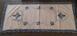 Vintage Hand Embroidered Table Runner Blue Crocheted Edge Floral 15.5x38 - $23.20