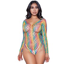 Rainbow Bodysuit Long Sleeves Sheer Striped Wide Net Webbed 1996 One Size - $21.77