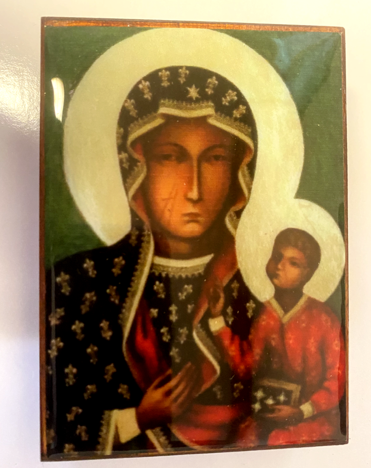Our Lady of Czestochowa Wood Rosary Box with Rosary, New from Colombia #L038