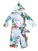 Baby boy infant romper  beige set with cap and wrap world map 3-6 m - £21.32 GBP
