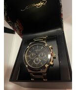 Ed Hardy Mens Gold Tone Chronograph Watch BLACK Dial 45MM NEW IN BOX - $147.51
