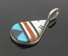 ZUNI 925 Silver - Vintage Turquoise Mother Of Pearl &amp; Coral Pendant - PT18143 - £34.91 GBP