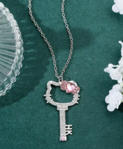 Rare HELLO KITTY Rhinestone Key Necklace ♡ Sanrio Pendant ☆ Pink Harajuk... - $11.99