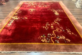 Red Chinese Art Deco Rug 9x11, Simple Design, Wool Chinese Area Rug, Antique - £4,432.09 GBP