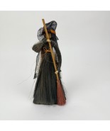 Paper Cone Halloween Raffia Witch with Broom Figurine Decor Black - $11.88