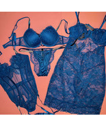 Victoria&#39;s Secret 32A,32B BOMBSHELL BRA SET+garter teddy+SLIP BLUE SHINE... - $296.99