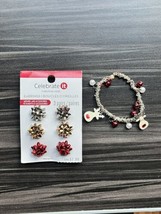 Christmas Jewelry Lot Bow Earrings Pierced &amp; Bracelet Reindeer Charm Silver Tone - £10.11 GBP