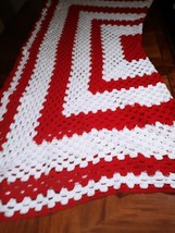 Vintage Handmade Crochet Afghan Throw Blanket 70&quot;x 40&quot; Red &amp; White Square - £30.01 GBP