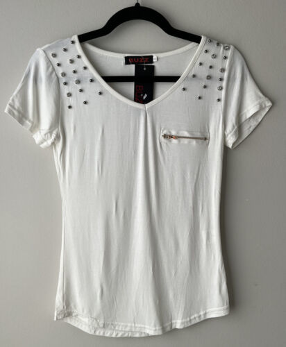 Buzz Girl Plain Blouse Metal Studded Regular Short Sleeve Beige Size Small - $9.89