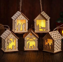 5 Pcs Nativity Scene Wood Carved Christmas Ornament LED Light Up Nativity - $9.41