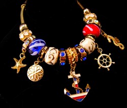 nautical bracelet - rhinestone anchor slide charm - starfish charm brace... - $65.00