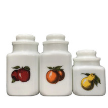 Vtg Milk Glass Canisters Fruit Kitchen Apple Pear Orange Sugar Flour Cookie Jar - £66.68 GBP