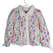 Handmade Knitted Baby Jacket Sweater Flower Buttons Ribbons Long Sleeve - £19.77 GBP