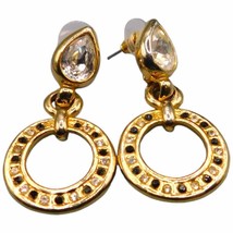 Vintage Round Shaped Earrings Dangle Rhinestones Circle Gold Tone 1&quot; Drop - £7.84 GBP