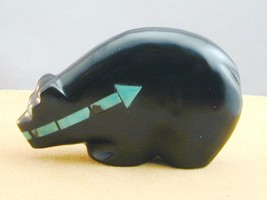 Zuni Emery Boone Jet &amp; Turquoise Inlay Medicine Bear Fetish Sculpture - £98.19 GBP