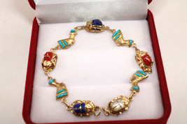 Egyptian Scarab + Queen Nefertiti Bracelet Stamped 18K Gold Pharaonic 7.... - £712.52 GBP