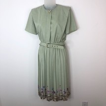 Vintage Leslie Fay Belted Pleated Dress Size 6P Green Floral Office Core - £25.37 GBP