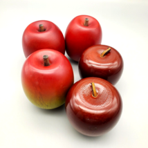 Wooden Faux Fruit Apples Shiny &amp; Matte Finish Lot 5 Decorative Wood Leather Stem - £14.70 GBP