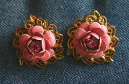 Kramer Pink Rhinestone &amp; Enamel Flower Gold-tone Filigree Clip Earrings ... - £11.95 GBP