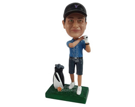 Custom Bobblehead young golfer watching how he hits the hole in one wearing a po - £71.14 GBP